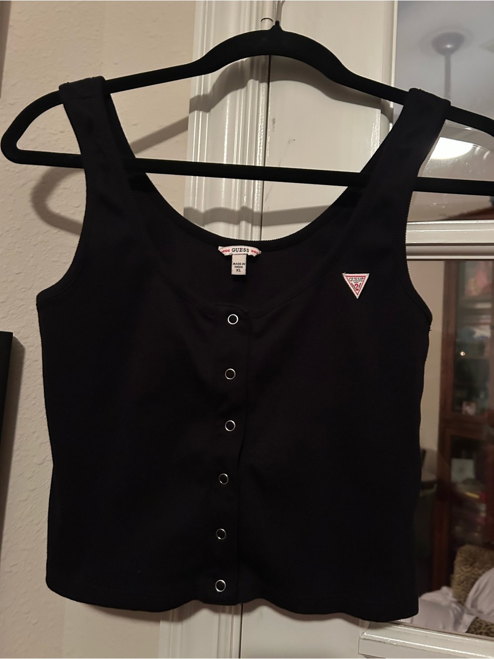 GUESS Black Ribbed Button-Front Tank with Logo Patch